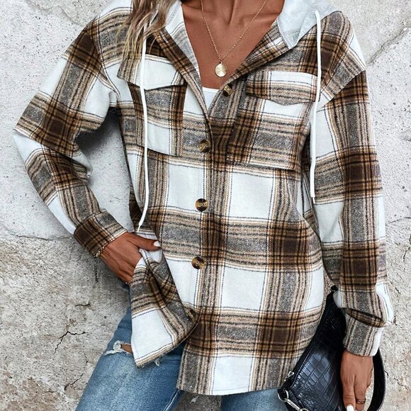 Brown Casual Womens Plaid Print Drop Shoulder Drawstring Hooded Coat - Picture 5 of 5